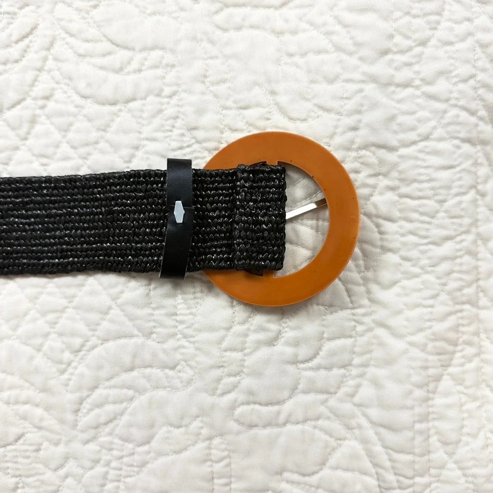 Vintage‎ Boho Woven Belt Stretchy Straw OS Chunky Buckle Hippie Earthy Indie